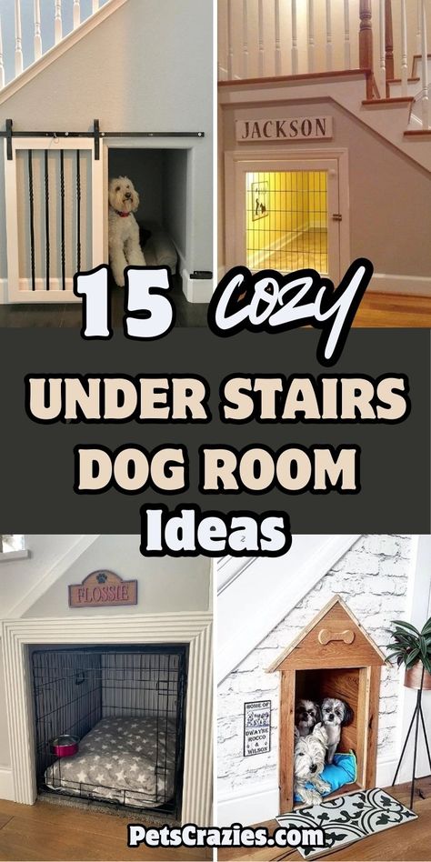 15 Cozy Under Stairs Dog Room Ideas to Maximize Space! 3 Diy Dog Bed Under Stairs, Small Closet Dog Room, Basement Stairs Under Main Stairs, Diy Dog Room Under Stairs, Dog Crates Under Stairs, Built In Dog House Under Stairs, Dog Kennel Closet Built Ins, Under Stair Dog Bed, Dog Door Under Stairs