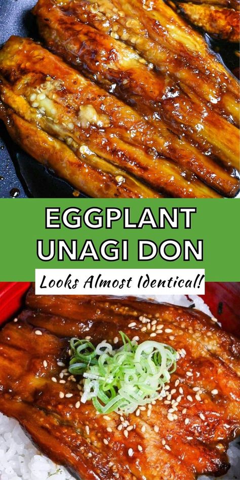 Eggplant unagi don served with a glossy sweet-savory sauce over rice, garnished with sesame seeds and green onions, mimicking the look of grilled eel. Japanese Eggplant Recipe Easy, Unagi Recipe, Okazuya Recipes, Eggplant Teriyaki, Asian Eggplant Recipes, Eggplant Unagi, Vegan Unagi, Japanese Eggplant Recipe, Unagi Don