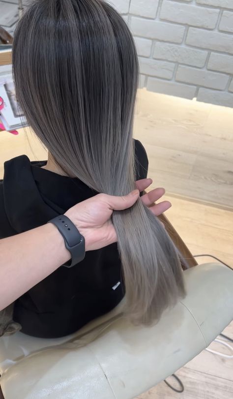 Icy Black Hair, Greyish Black Hair, Grey And Silver Hair, Dark Hair Color Melt, Ash Grey Balayage Asian, Grey Hair Black Roots, Ashy Black Hair, Ash Grey Balayage, Greyish Blonde Hair