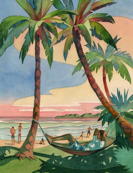 Aesthetic Beach Painting, Beach Aesthetic Drawing, Vintage Tropical Aesthetic, Barbados Art, Beach Landscapes, Beach Cartoon, Beach Scene Painting, Beach Mural, Beach Drawing