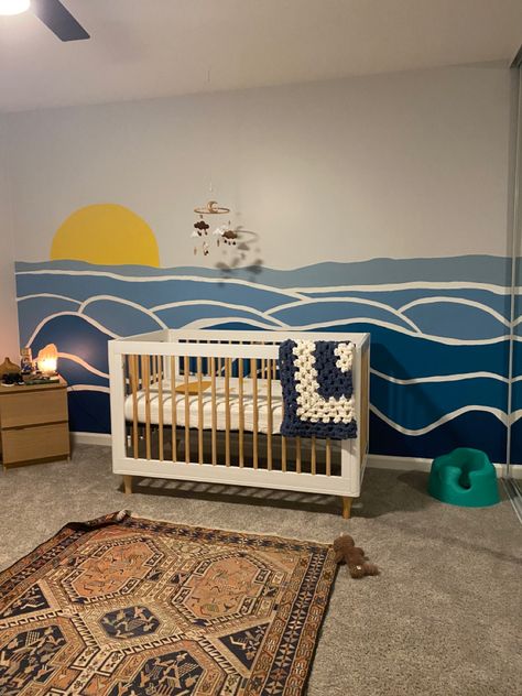 Ocean Wall Mural Nursery, Diy Ocean Wall Painting, Hand Painted Waves Wall, Waves Nursery Wall, Diy Ocean Mural, Sea Wall Painting, Diy Wave Mural, How To Paint Waves On A Wall, Waves On Wall