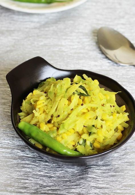 Cabbage fry recipe – a healthy protein enriched cabbage vepudu made with moong dal. This lentil & stir fried cabbage dish is not only healthy & delicious but is also easy to make. It can be served with rice, phulka, roti or chapati. Cabbage is one of those veggies I use very often at home to make various dishes. Apart from adding it to fried rice, sandwiches, stir fry dishes & raita, I also make a lot of dishes with cabbage. Here are some cabbage curry , cabbage paratha , cabbage kootu & manchur Indian Lentil Recipes, Cabbage Paratha, Cabbage Poriyal, Lentil Recipes Indian, Poriyal Recipe, Cabbage Curry, Recipe Cabbage, Dal Recipes, Indian Side Dishes