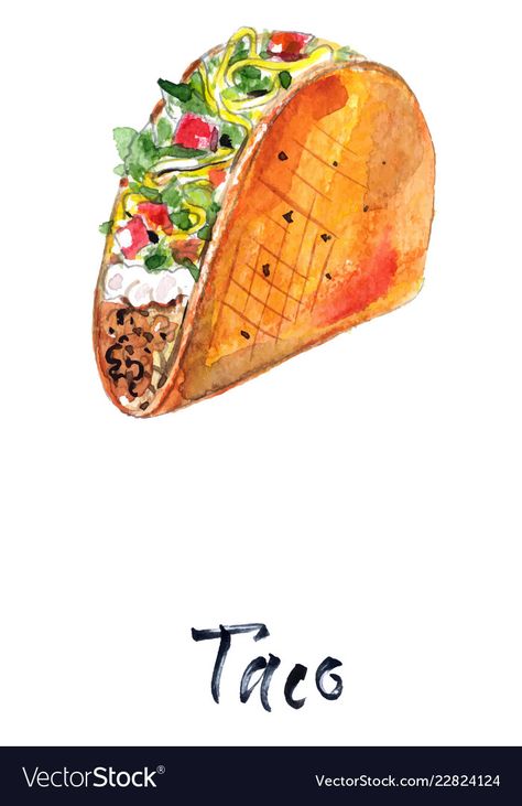 Taco Watercolor Illustration, Taco Illustration Art, Taco Sketch, Watercolor Taco, Taco Painting, Tacos Drawing, Veggies Drawing, Hot Chocolate Vector, Mexican Watercolor