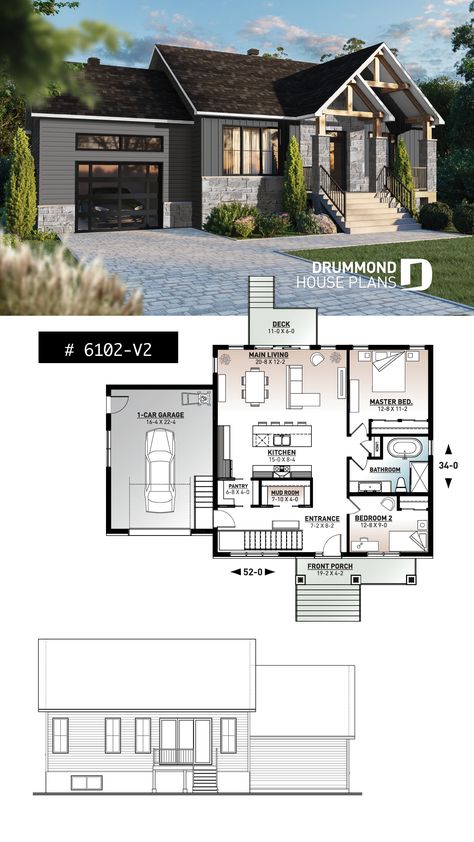 2 bedroom ranch style house plan with garage, pantry, kitchen island and open floor plan concept 2 Bedroom 1 Floor House Plans, House Plans With Bedrooms In Basement, 2 Bed 2 Bath 2 Car Garage House Plans, Two Bedroom Ranch House Plans, Norwegian House Plans, House Exterior 1 Floor, 2 Bedroom 2.5 Bath House Plans, Guest House Plans 2 Bedroom, House Plans 1 Floor