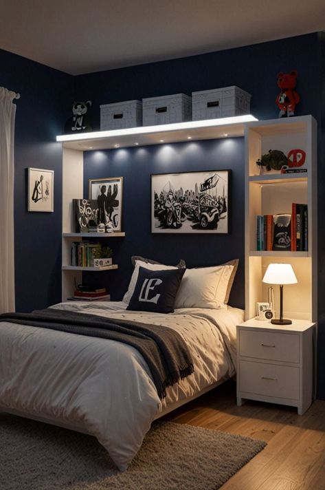 Shelves In Boys Bedroom, Teen Boys Bedroom Ideas Gaming, Gamer Room Ideas Boy Bedrooms, Teen Boy Bedroom Designs, Boys Gamer Bedroom Ideas, Gaming Bedroom Ideas Boys, Boys Gaming Bedroom Ideas, Boy Bedroom Designs, Gamer Bedroom Ideas