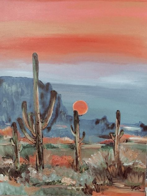 Night Desert Painting, Arizona Mural, Pantone Challenge, Arizona Painting, Desert Paintings, Desert Landscape Art, Labyrinth Art, Sunset Painting Acrylic, Desert Aesthetic