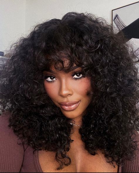 Curly Black Wig With Bangs, Long Curly Wig With Bangs, Curls With Bangs Black Women, Curly Bangs Wig, Long Curly Hair With Bangs Black Women, Curly Sew In With Bangs, Curly Bangs Black Women, Big Curly Hair With Bangs, Sew In With Bangs