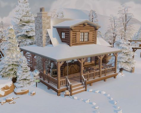 Sims 4 Christmas Cabin, Sims 4 Winter Lodge, Cabin Exterior Bloxburg, Sims 4 Winter Build, Sims 4 Forest Cabin, Sims 4 Cabin Build, Sims Snowy Escape House, Winter Cabin Sims 4, Log Cabin Sims 4