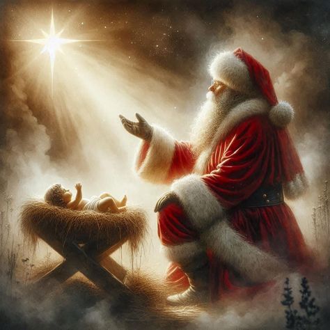 Santa And Jesus Picture, Santa Kneeling Before Baby Jesus, Catholic Christmas Traditions, Santa And Baby Jesus, Santa With Baby Jesus, Beach Christmas Pictures, Santa And Jesus, Christmas Nativity Images, Christmas Holiday Traditions