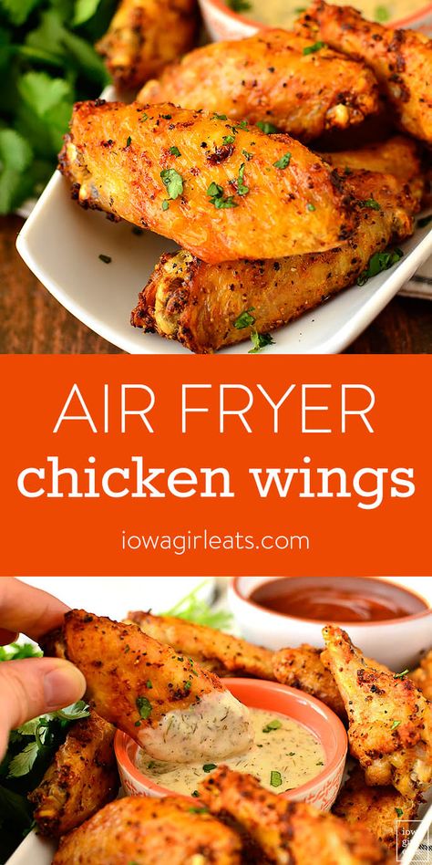 Ready for the crispiest chicken wings of your life? Air Fryer Chicken Wings are crisped in the air fryer with just a drizzle of oil and pinch of seasonings. | iowagirleats.com Air Fryer Chicken Wings Recipe, Air Fryer Wings, Dip Sauce, Crispy Chicken Wings, Air Fryer Chicken Wings, Chicken Wings Recipe, Air Fryer Oven Recipes, Air Fry Recipes, Iowa Girl Eats