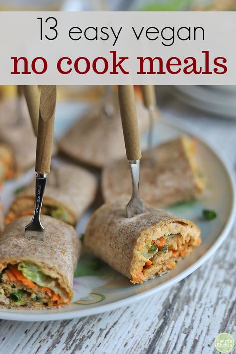 Too hot to turn on the oven? Make these easy no cook meals instead! Great for a quick vegan lunch or dinner.   #easyvegan #nocookmeals #nocookrecipes #fastvegan Hummus Pinwheels, Buffalo Hummus, Tortilla Pinwheels, Vegan Potluck, Easy Hummus Recipe, Vegan Appetizer, Vegan Sandwiches, Vegan Party Food, Quick Easy Vegan