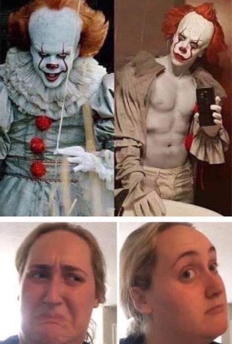 It Clown, Cosplay Tumblr, Horror Movies Funny, Pennywise The Clown, Pennywise The Dancing Clown, Scary Movie Characters, Halloween Memes, I'm A Loser, Funny Horror