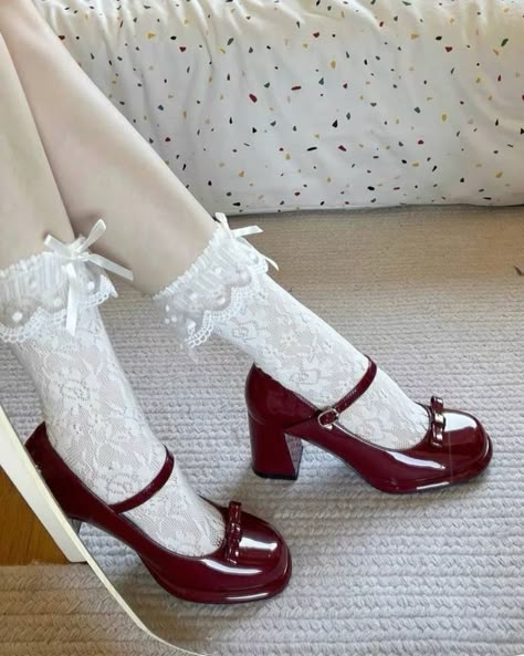 Cute Shoes Coquette, Coquette Footwear, Shoe Inspo Heels, Ingenue Shoes, Aesthetic School Shoes, Coquette Sneakers, Cottage Core Shoes, Coquette Boots, Cottagecore Shoes