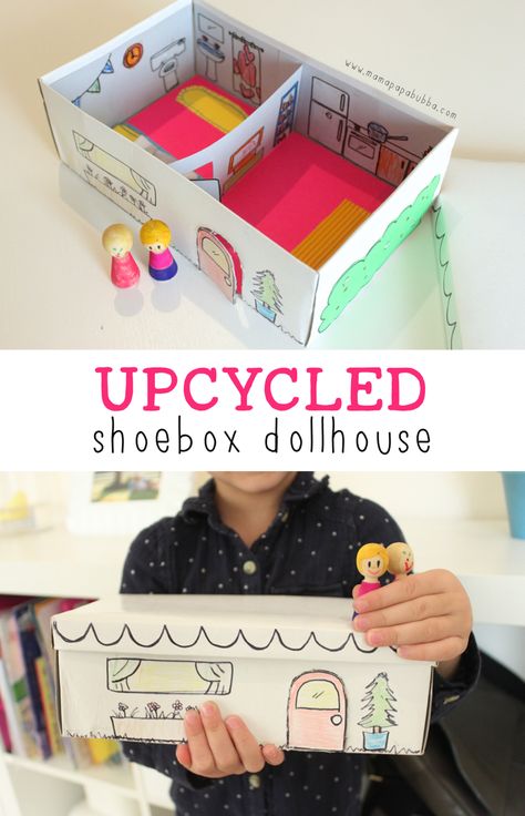 Upcycled Shoebox Dollhouse | Mama.Papa.Bubba. House From Shoe Box Diy Projects, Shoebox Dollhouse Diy, Shoe Box Doll House Diy, Cardboard Box Dollhouse, Shoe Box Crafts Diy, Shoe Box Crafts For Kids, Shoe Box Doll House, Shoe Box House, Shoebox Diy