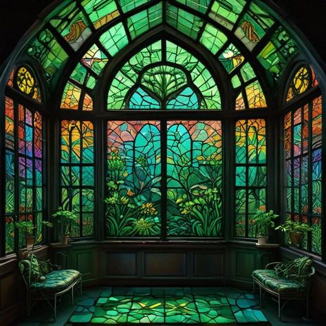 Stained Glass Greenhouse, Tropical Living Room, Pretty Artwork, Glass Painting Designs, Glass Window Art, Fantasy House, Art Stained, Fantasy Places, Window Art