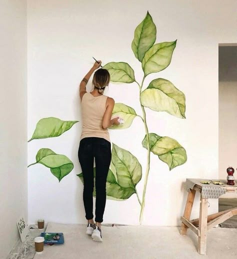 Home Design - Painted Leaves Hand Painted Leaves On Wall, Free Hand Wall Painting Ideas, Free Hand Wall Painting, Wallpaintings Ideas, Artist Goals, Leaves Wall Art, Painting Bedroom, Wall Drawing, Mural Ideas