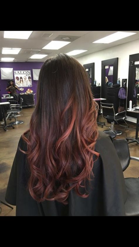 Rose gold balayage Rose Gold Balayage On Dark Hair, Black Hair Rose Gold Highlights, Rose Gold Streaks In Black Hair, Black To Rose Gold Ombre Hair, Rosegold Haircolor Balayage Brunette, Gold Balayage, Rose Gold Balayage, Balayage, Hair Makeup