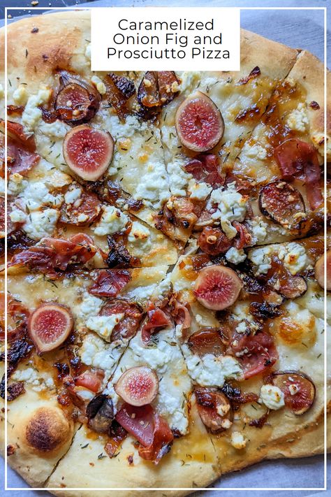 Figs are in season right now and this caramelized onion fig and prosciutto pizza is calling your name. Crispy prosciutto, sweet, caramelized onions, fresh figs then topped with fresh mozzarella and tangy goat cheese. This pizza is one of a kind. Fig Jam Pizza, Fig Pizza Recipes, Fig And Prosciutto Pizza, Fig And Prosciutto, Pizza Picnic, Fig Pizza, Feta Pizza, Onion Pizza, Prosciutto Pizza