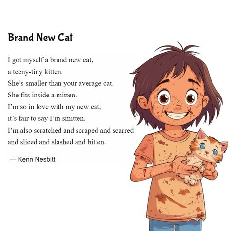 New #funny #poem for #kids: "Brand New Cat." #cat #kitten #poetry #childrenspoetry #poetry4kids Cat Songs, Funny Poems For Kids, Poetic Techniques, Poem For Kids, Nursery Rhymes Poems, Poem About Myself, Animal Poems, Dictionary For Kids, Poems For Kids