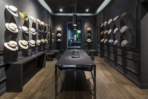 Borsalino flagship store and showroom by Newtone, Milan – Italy » Retail Design Blog Hat Store Design, Jorge Gonzalez, Store Design Boutique, Workshop Design, Hat Stores, Store Interiors, Retail Merchandising, Retail Store Design, Hat Rack