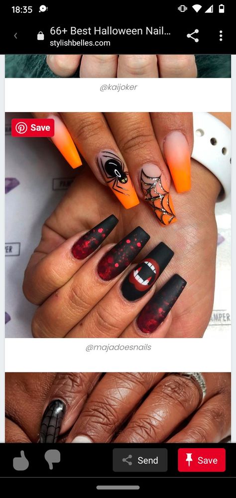 Simple Short Halloween Nails, Black And Orange Nail Designs, Black Halloween Nail Designs, Short Halloween Nails, Split Nails, Black Halloween Nails, Orange Nail Designs, Orange Nail, Halloween Nail Designs