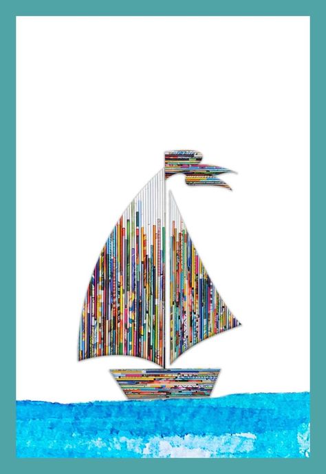 Recycled papers are rolled, arranged and shaped into a beautiful sailing boat. Unique personality of each artisan is expressed through rolled recycled paper arrangement. The handcrafted card is unique and eco-friendly. Paintinting Ideas, Painting Small Canvas, Newspaper Art And Craft, Rolled Magazine Art, Craft Paper Flowers, Newspaper Crafts Diy, Art With Meaning, Acrylic Ideas, Rolled Paper Art