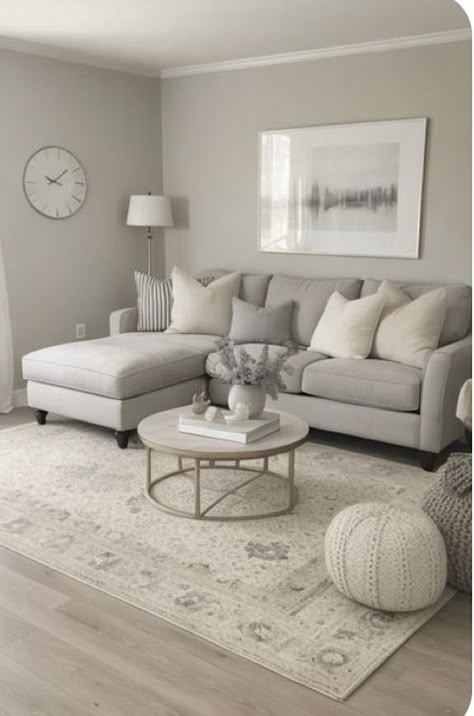 Grey And Beige Sofa Living Room, Neutrals And Grey Living Room, White Grey Home Decor, Modern Chic Living Room Apartments, Comfy Aesthetic Living Room, Small Living Room Ideas Apartment Grey Couch, Beige Couch Living Room Pop Of Color, Grey And Beige Living Room Decor, Light Gray Apartment