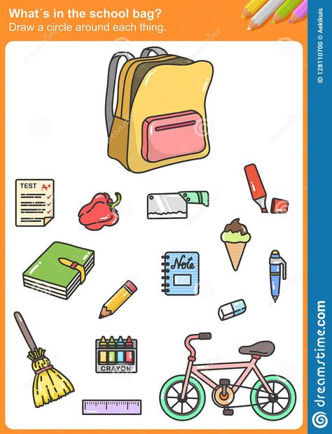 Illustration about What´s in the school bag? Draw a circle around each thing. - Worksheet for education. Illustration of count, draw, direction - 128110700 My School Bag Worksheet, School Bag Drawing, What's In My School Bag, English Portfolio, Evs Worksheet, 1st Grade Reading Worksheets, School Objects, Student Clipart, Classroom Objects