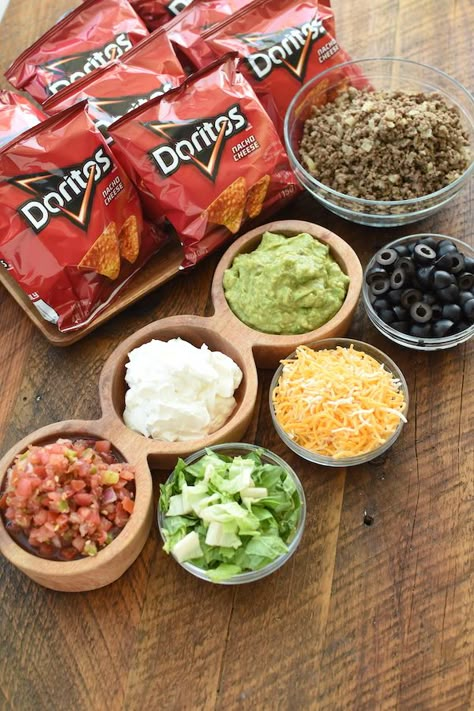 Walking Tacos | NoBiggie Easy Nacho Bar, Walking Taco Board, Taco Day Ideas, Walking Taco Display, Diy Walking Taco Bar, Walking Taco Party, Walking Tacos Party Set Up, Walking Taco Bar Party Doritos, Walking Taco Bar Party Set Up