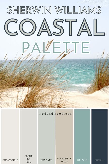 Ocean Theme Paint Colors, Paint Colors For Beach House Interior, Coastal Decor Color Palette, Modern Coastal Color Scheme, Coastal Farmhouse Paint Scheme, Paint For Outside Of House Ideas, Sea Apartment Interior Design, Costal Colour Scheme, Beach Home Color Palette