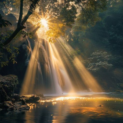 👉 If Like, please Follow & Share AI Graphics Studio Prompt 👉Sun shining through trees over waterfall, rocks, painting, by Franz Hegi, winner of unsplash contest, ethereal lighting - h 1024, holy rays of spiritual light, water reflecting sunlight, morning sunrise, in serene forest setting, f / 2 0, very beautiful], incredible beautiful wallpaper] 👇Contact on WhatsAPP: http://tiny.cc/aigraphicsstudio #aigraphicsstudio #AI #DigitalMarketing #digitalartist #digitalart #digital #creativephotograp... Sun Reflection On Water Painting, Sun Shining Through Forest, Sunlight Shining Through Trees, God Rays Sunlight, Light Reflection Photography, Sun Reflection On Water, Sunrise In Forest, Water Reflection Painting, Sun Shining Through Trees