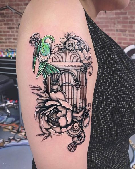 William Baggett on Instagram: “Custom steam punk birdcage with clockwork bird. #birdtattoos #birdcagetattoo #nctattooers #charlottetattooers #tattoomag #tattoosnob…” Bird Cage Tattoo Design, Antique Birdcage Tattoo, Bird Cage Tattoos For Women, Bird Breaking Out Of Cage Tattoo, Birdcage Drawing, Bird And Cage Tattoo Freedom, Bird Out Of Cage Tattoo, Victorian Bird Cage Tattoo, Bird Leaving Cage Tattoo