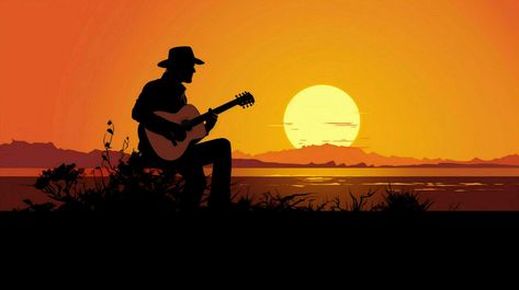 silhouette of musician playing guitar at sunset Tree Saw, Wedding People, Album Cover Design, Cityscape Photos, Logo Banners, Nature Backgrounds, Heart With Arrow, Background Banner, Playing Guitar