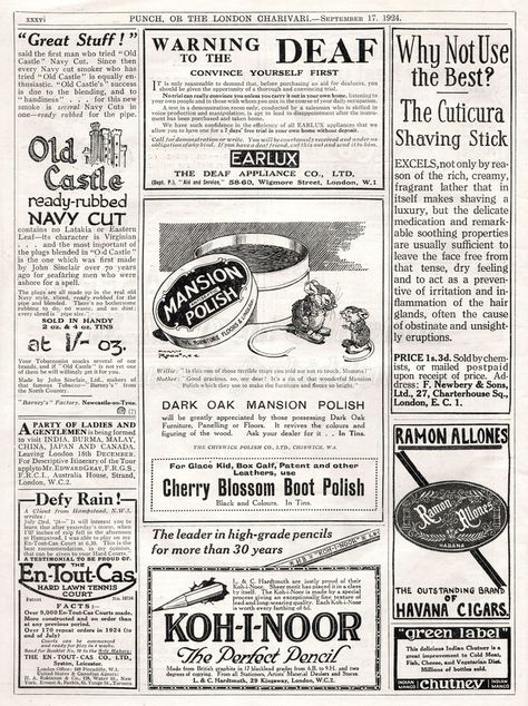 British advertisements ~ 1924. | From 1924 a page of adverti… | Flickr Old Fashion Advertisement, 1920s Advertisements Vintage Ads, 1920s Newspaper, 1920s Advertisements, 1920s Ads, Red Marigold, Egypt Hieroglyphics, Newspaper Ads, Book Scrapbook