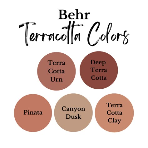 behr terracotta colors-terra cotta urn, deep terra cotta, pinata, canyon dusk, and terra cotta clay Behr Rust Paint Colors, Warm Terracotta Behr Paint, Terra Cotta Clay Behr, Terra Cotta Accent Wall Bedroom, Behr Terra Cotta Clay, Terracotta Paint Color Behr, Terracotta Behr Paint, Terra Cotta Wall Color Bedroom, Roman Clay Paint Colors