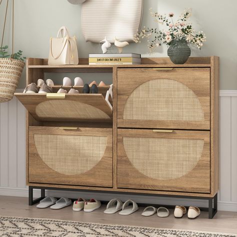 PRICES MAY VARY. 【Entryway Shoe Cabinet】: The hidden shoe storage cabinet with 4 flip doors, geometric aesthetics of the half-round combined with the traditional rattan elements, and looks great in many different home styles. Hand-woven rattan craftsmanship, harmless and odorless. Perfect for placing in the entryway, hallway, living room, or porch, provides a neat looking in your home and space saving. 【Flip Drawers Shoe Cabinet】: The modern freestanding shoe cabinet adopts the design of space-s Home Entryway Ideas Shoe Storage, Neat Storage Ideas, Shoes Storage Cabinet, Entryway Decor With Shoe Storage, Home Entryway Design, Bench With Hidden Shoe Storage, Small Foyer Ideas Entryway Entrance Shoe Storage, Entry Table Shoe Storage, Small Space Shoe Storage Ideas