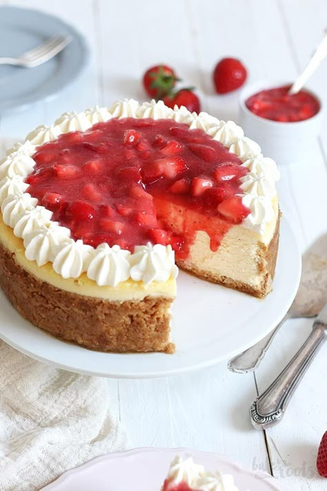 Strawberry Cheesecake | Bake to the roots American Cheesecake, Strawberry Cheesecake Recipe, Japanese Cheesecake, Classic Cheesecake, Strawberry Topping, Strawberry Cheesecake, Crowd Pleaser, Strawberry Recipes, Food Cakes