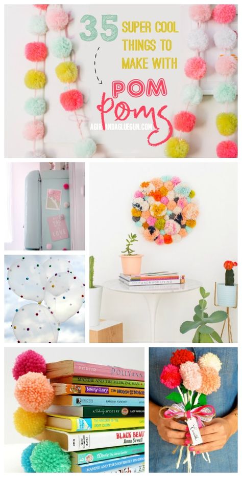 35 super fun things to make with pom poms! loads of awesome ideas! Pom Pom Projects, Pom Pom Ideas, Pom Pom Mobile, Pom Pom Blanket, Pom Pom Rug, Pom Pom Pillows, Pom Pom Wreath, Pom Crafts, Pom Pom Maker