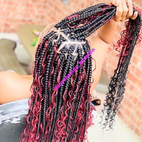 Colorful Bohemian Braids, Boho Box Braids With Color, Boho Goddess Box Braids With Color, Knotless Braids With Color Underneath, Braids With Color Underneath, Goddess Box Braids With Color, Boho Braids With Color, Beautiful Knotless Braids, Knotless Bohemian Braids