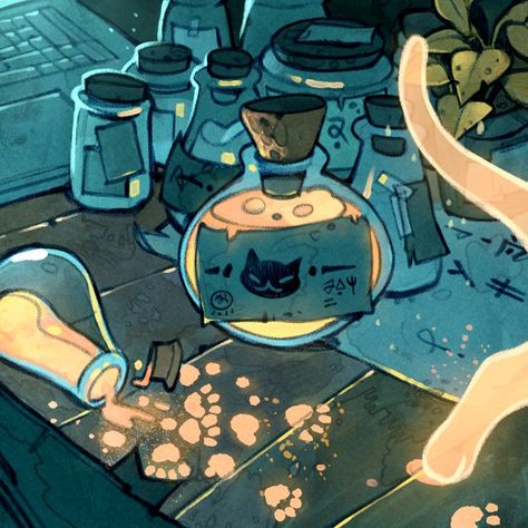 Magic Potion Art, Potion Shop Concept Art, Potion Room Concept Art, Potion Digital Art, Cute Potions Art, Arte Indie, 캐릭터 드로잉, Arte Sketchbook, Cool Art Drawings