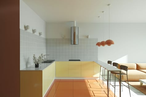 Light Yellow Kitchen Ideas, Yellow Modern Kitchen, Pastel Color Kitchen Cabinets, Post Modern Kitchen, Light Yellow Kitchen, Light Yellow Interior, Colorful Minimalism, Colorful Kitchens, Laminate Kitchen