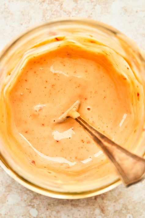 Overhead view of a jar of bang bang sauce with a spoon inside the jar. Sides For Shrimp Tacos, Sides For Shrimp, Mayo Sauces, Dip Pretzels, Amazing Dips, Dutch Oven Beef Stew, Oven Beef Stew, Dutch Oven Beef, Bang Bang Sauce