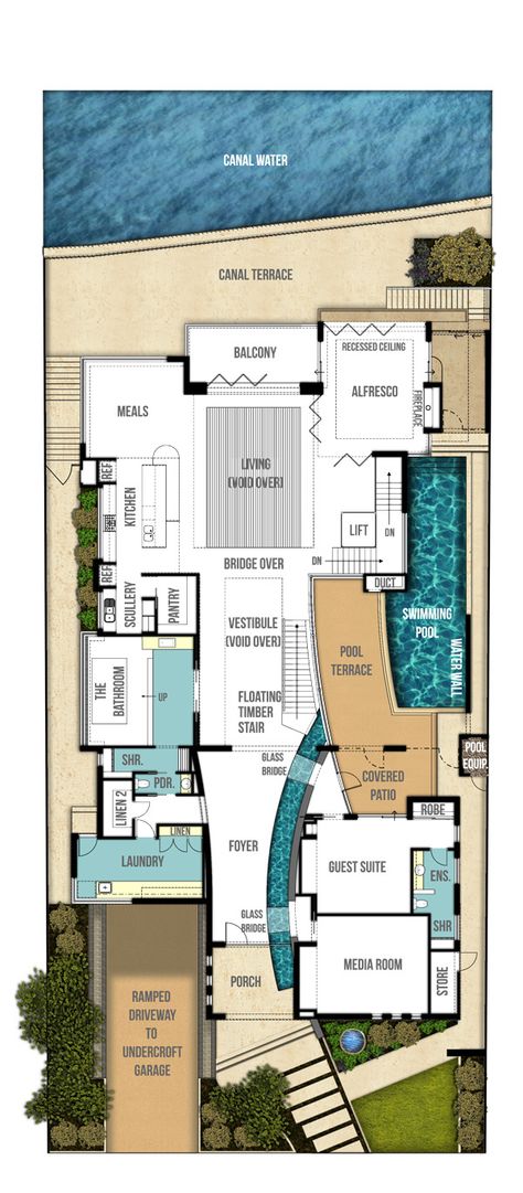 Panorama undercroft house plans by Boyd Design Perth Unique House Plans, Plans Architecture, Garage Floor Plans, Canal House, Villa Plan, Unique House Design, Unique Houses, Modern House Plans, Architecture Plan