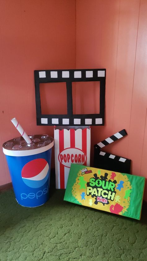 Cardboard Movie Theater, Movie Theater Vbs Theme, Movie Vbs Decorations, Movie Theme Vbs Decorations, Movie Themed Vbs, Shine Vbs Decorations, Hoco Themes, Movie Clapper Board, Movie Theater Theme