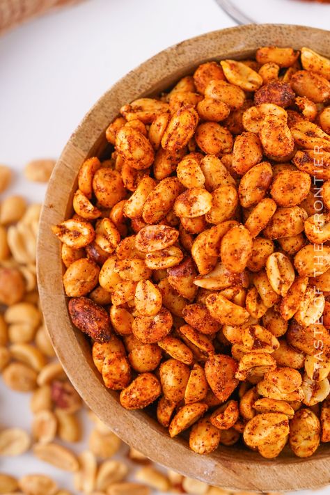 Elevate your snacking experience with Spicy Peanuts! Bursting with bold flavor and a fiery kick, these crunchy treats are perfect for those who crave a little heat. Party Mix Snacks, Halloween Snack Mix, Spicy Nuts, Peanut Recipes, Coconut Pie, Hot And Spicy, Parchment Paper Baking, Spicy Peanuts, Candied Pecans