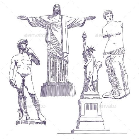 Famous statues drawings, Jesus, David, Venus de Milo, Statue of Liberty Statue Of Liberty Illustration, Statue Sketch, Statue Drawing, Famous Statues, Princess Dog Bed, Silhouette Sketch, Famous Sculptures, Jesus Statue, Famous Monuments