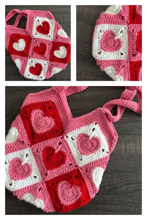 Valentine's Day Heart Granny Square Tote Bag Crochet Pattern Heart Granny Square Projects, Heart Granny Square Bag Pattern Free, Crochet Heart Granny Square Bag Pattern Free, Valentine Granny Square, Heart Granny Square Crochet Bag, Crochet Heart Purse Free Pattern, Crochet Valentines Day Ideas, Crochet Stuffed Heart Free Pattern, Valentine’s Day Sewing Ideas