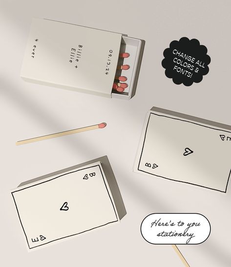 This quirky and fun matchbook favors template features our own hand drawn scribble sketch illustration of card deck and a handwritten style fonts. Change the letters to you and your love's initials! 100% EDITABLE - Easily customize and edit to suit your event! Fully editable colors and text! >> DEMO - TRY BEFORE YOU BUY: Copy the demo link, paste it in your browser and change the wordings to see how it looks!: ↳http://templett.com/design/demo/HeresToYou/28273938,28273944 >> VIEW PARTY FAVORS: ht Card Deck Wedding Favors, Wedding Matchbox Design, Wedding Lighters Favors, Wedding Favors Deck Of Cards, Matches Party Favors, Party Favors Engagement Party, Guest Place Cards Wedding, Deck Of Cards Wedding Favor, Match Book Design