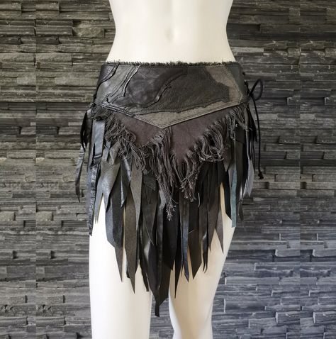 Dream Warriors Black & Gray Leather Slashed Fringe Tassel Skirt. Post Apocalyptic Wasteland Druid Viking Warrior Costume Festival Outfit - Etsy Barbarian Costume, Dream Warriors, Warrior Costume, Tassel Skirt, Leather Ideas, Mystical Forest, Bear Claws, Wrap Mini Skirt, Viking Warrior