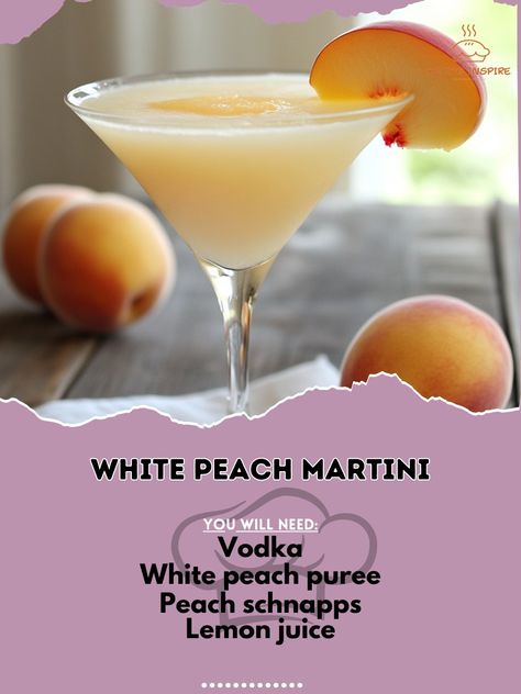 🍑 "Savor the elegance of our White Peach Martini—smooth, sophisticated, and simply irresistible! 🍸🍑 #WhitePeachMartini #ElegantSips" White Peach Martini Ingredients: Vodka (2 oz) White peach puree (1 oz) Peach schnapps (1/2 oz) Lemon juice (1/2 oz) Ice (as needed) Peach slice (for garnish) Instructions: Fill a shaker with ice. Add vodka, white peach puree, peach schnapps, and lemon juice. Shake well and strain into a chilled martini glass. Garnish with a peach slice. 🍑 "Enjoy the smooth, ... Peach Simple Syrup, Peach Martini, Peach Vodka, Martini Ingredients, White Cranberry Juice, Glass Garnish, Peach Puree, Culinary Techniques, Yummy Alcoholic Drinks